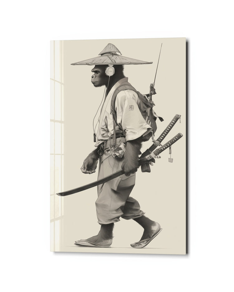 Ape Samurai on the Road glass wall art, studio view