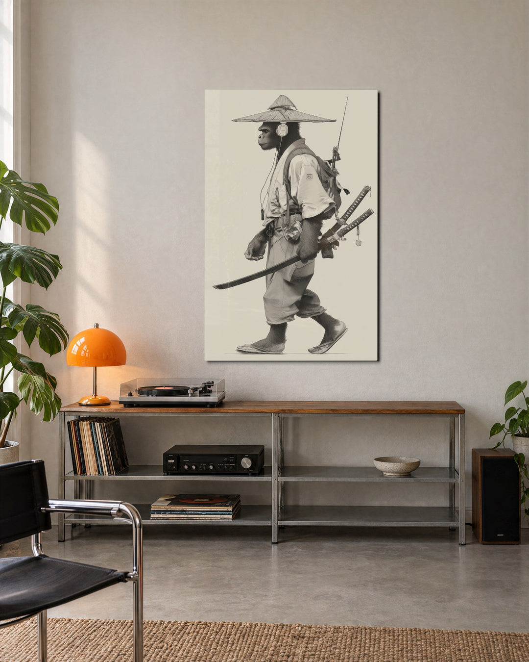 Ape Samurai on the Road glass wall art, lifestyle view