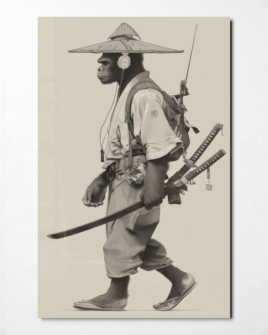 Ape Samurai on the Road glass wall art, front view