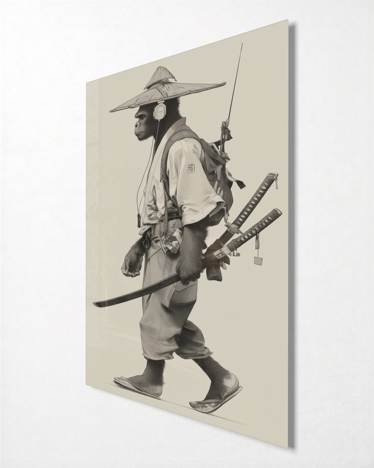Ape Samurai on the Road glass wall art, side view