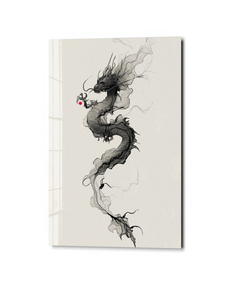 Ink Dragon Rising glass wall art, studio view