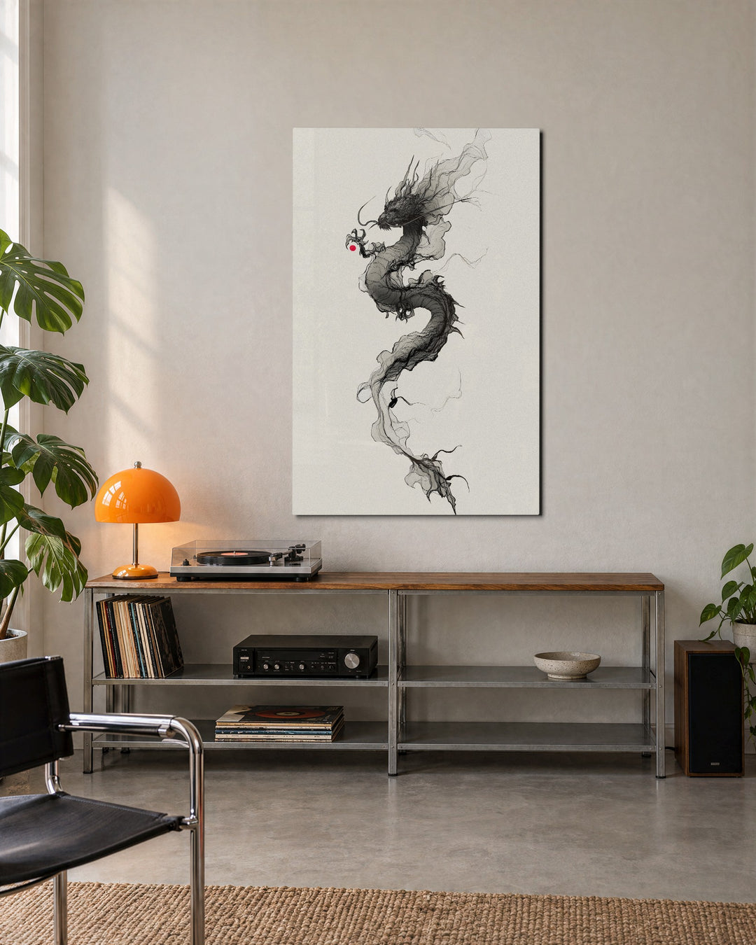 Ink Dragon Rising glass wall art, lifestyle view