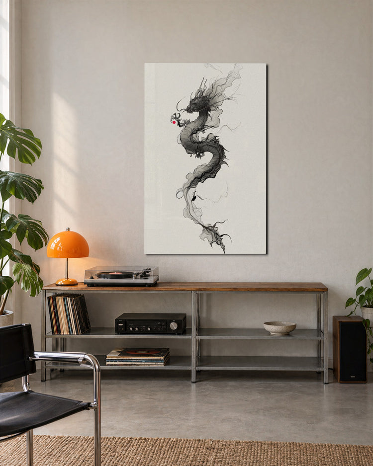 Ink Dragon Rising glass wall art, lifestyle view