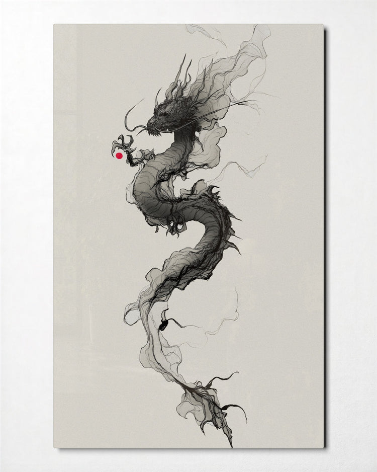 Ink Dragon Rising glass wall art, front view