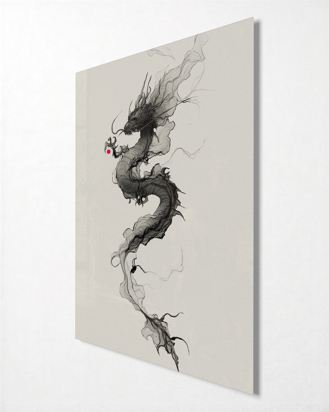 Ink Dragon Rising glass wall art, side view