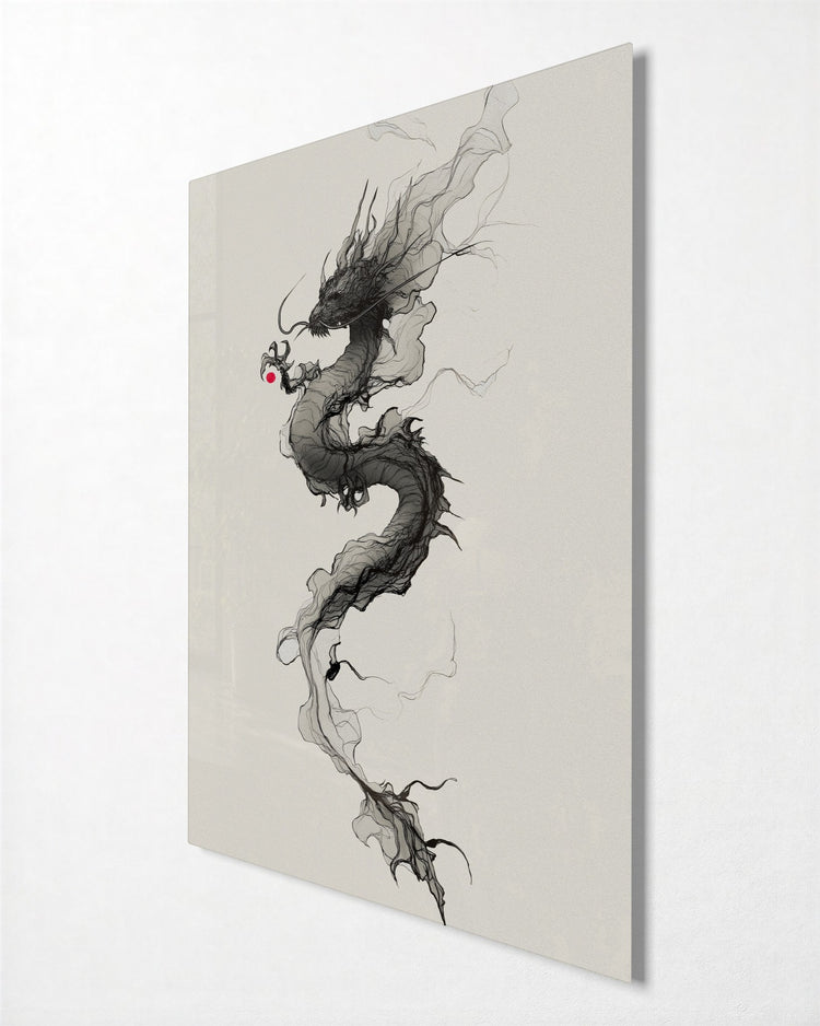 Ink Dragon Rising glass wall art, side view