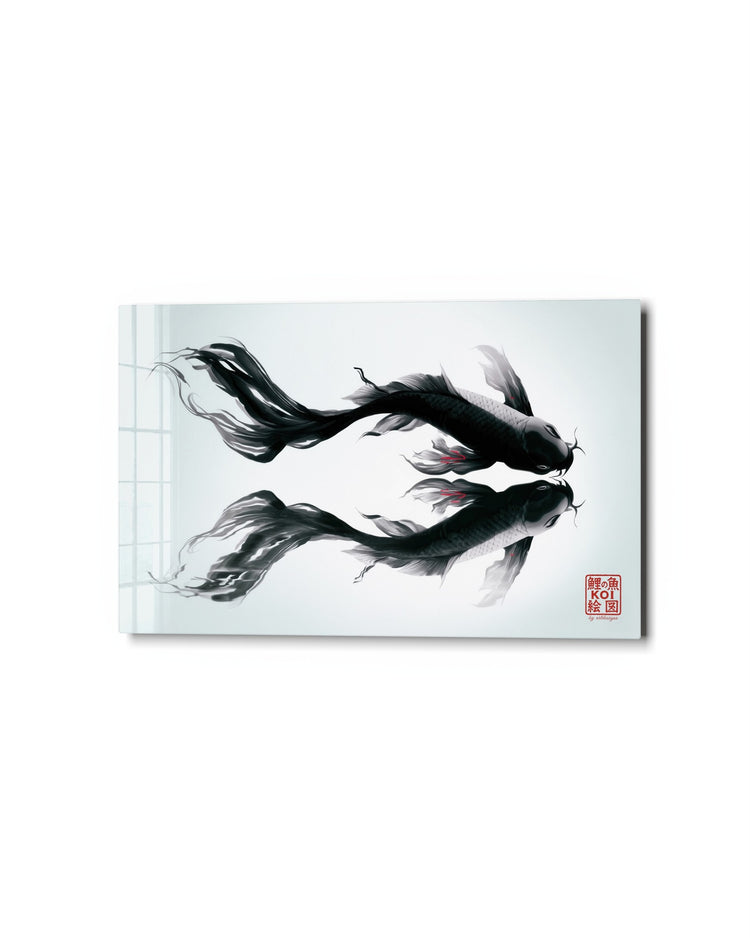 Two Koi in Ink glass wall art, studio view