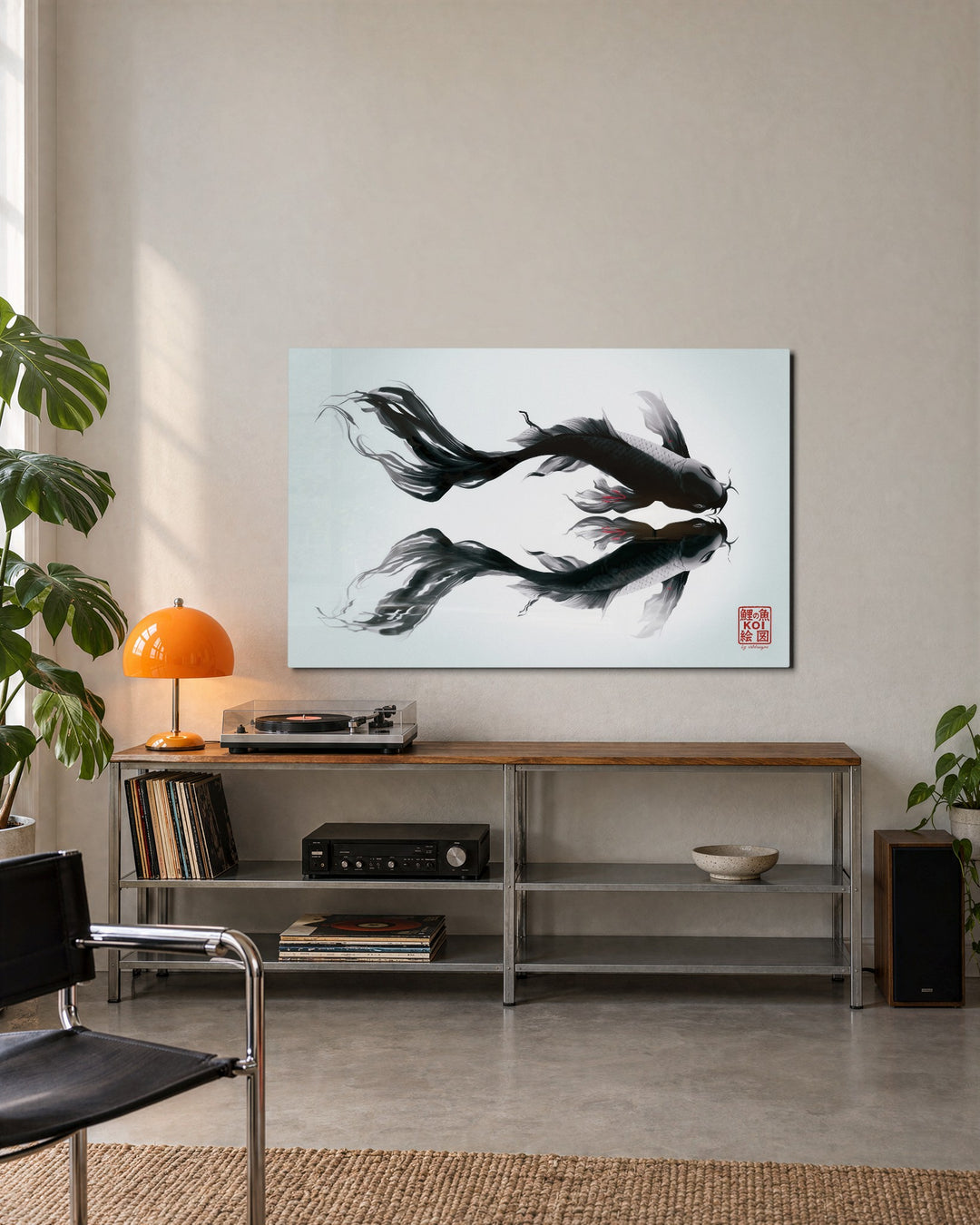 Two Koi in Ink glass wall art, lifestyle view