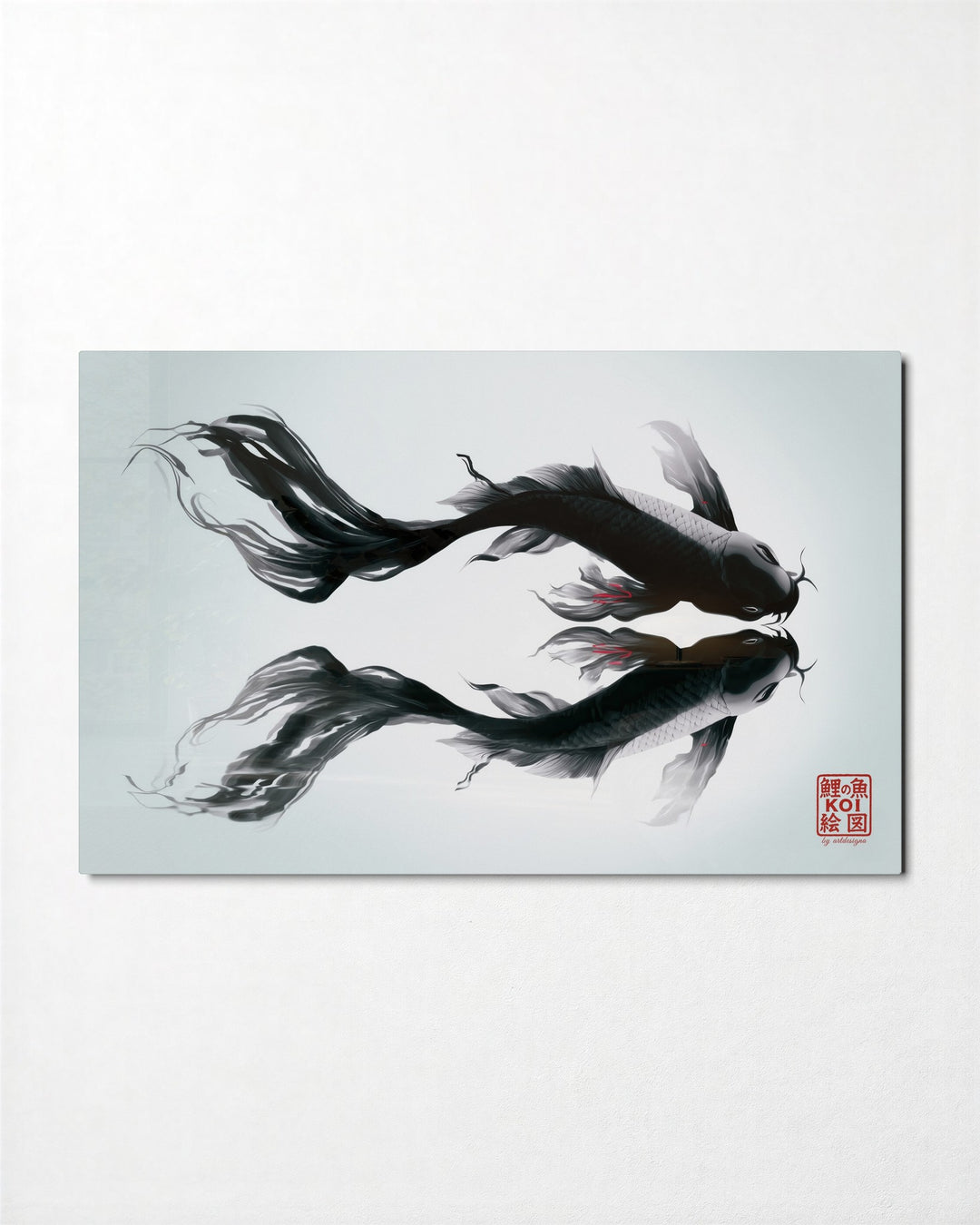 Two Koi in Ink glass wall art, front view