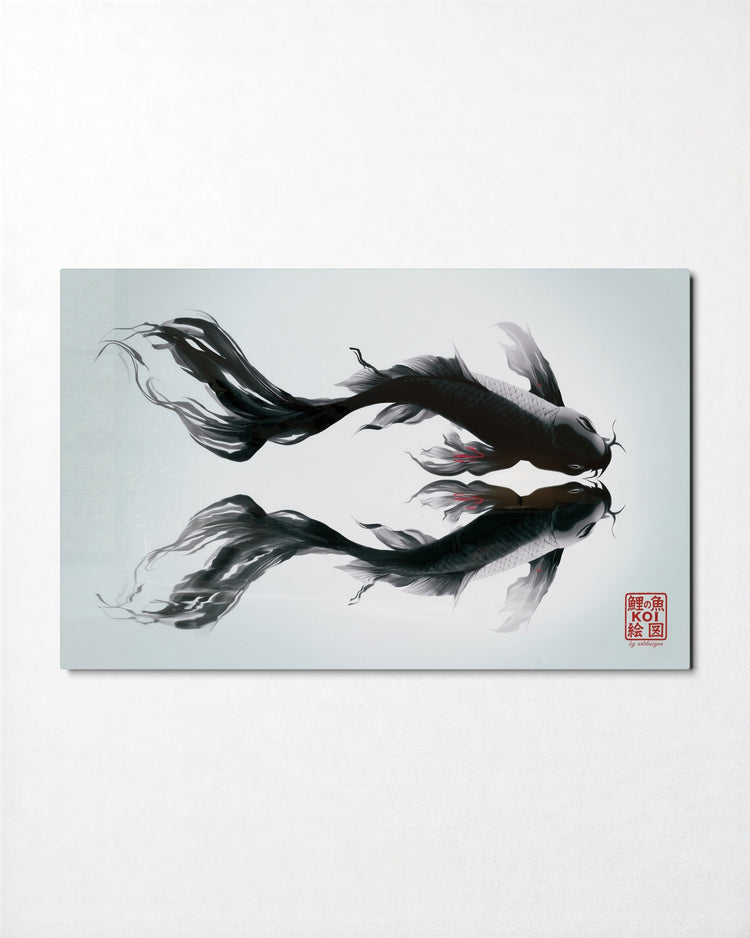 Two Koi in Ink glass wall art, front view