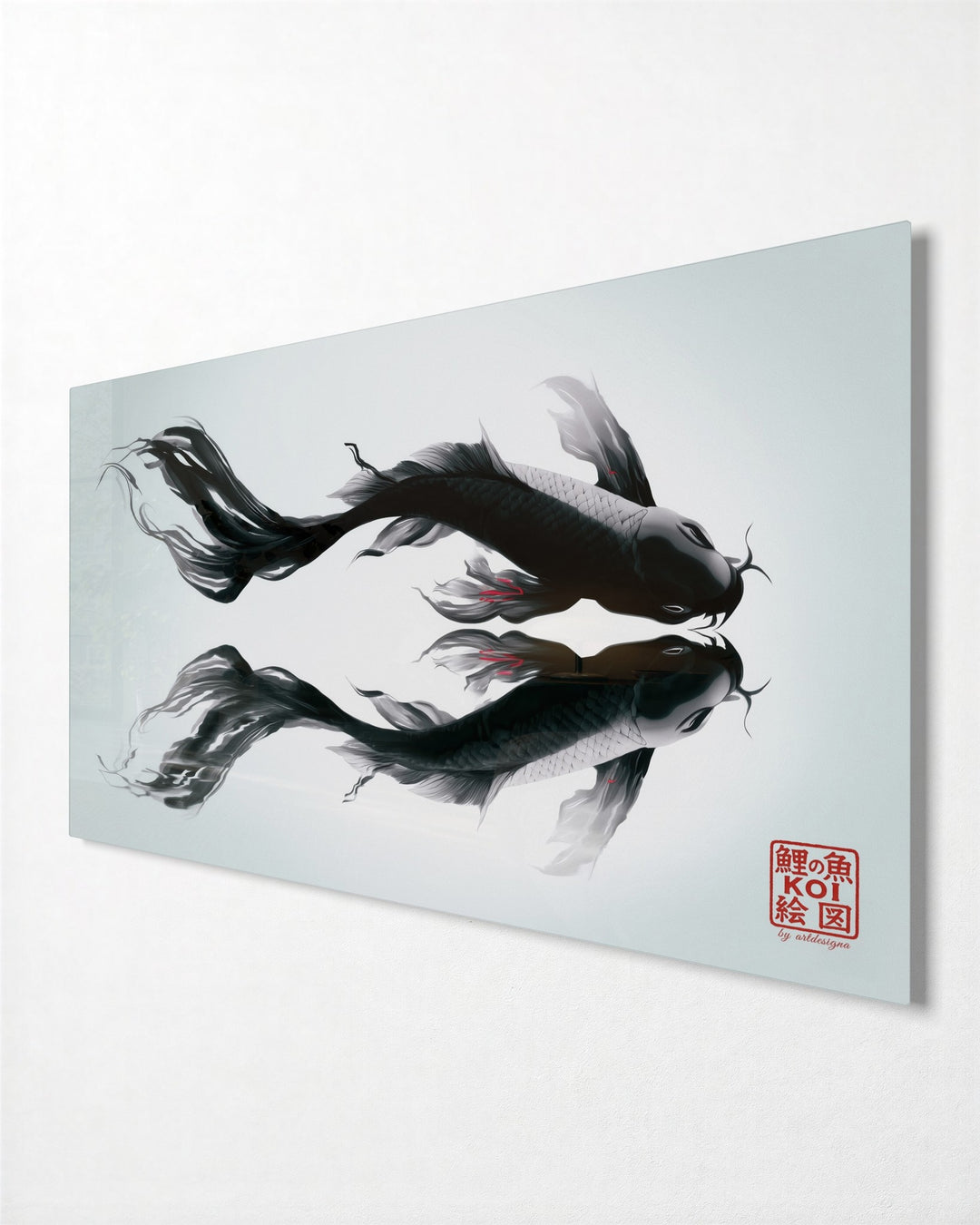 Two Koi in Ink glass wall art, side view