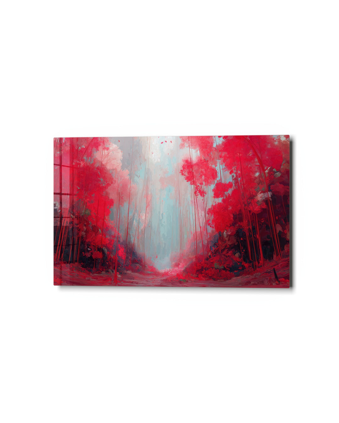 Crimson Forest Path glass wall art, studio view
