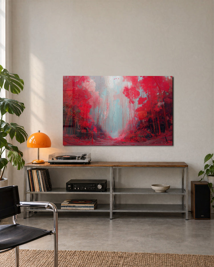 Crimson Forest Path glass wall art, lifestyle view