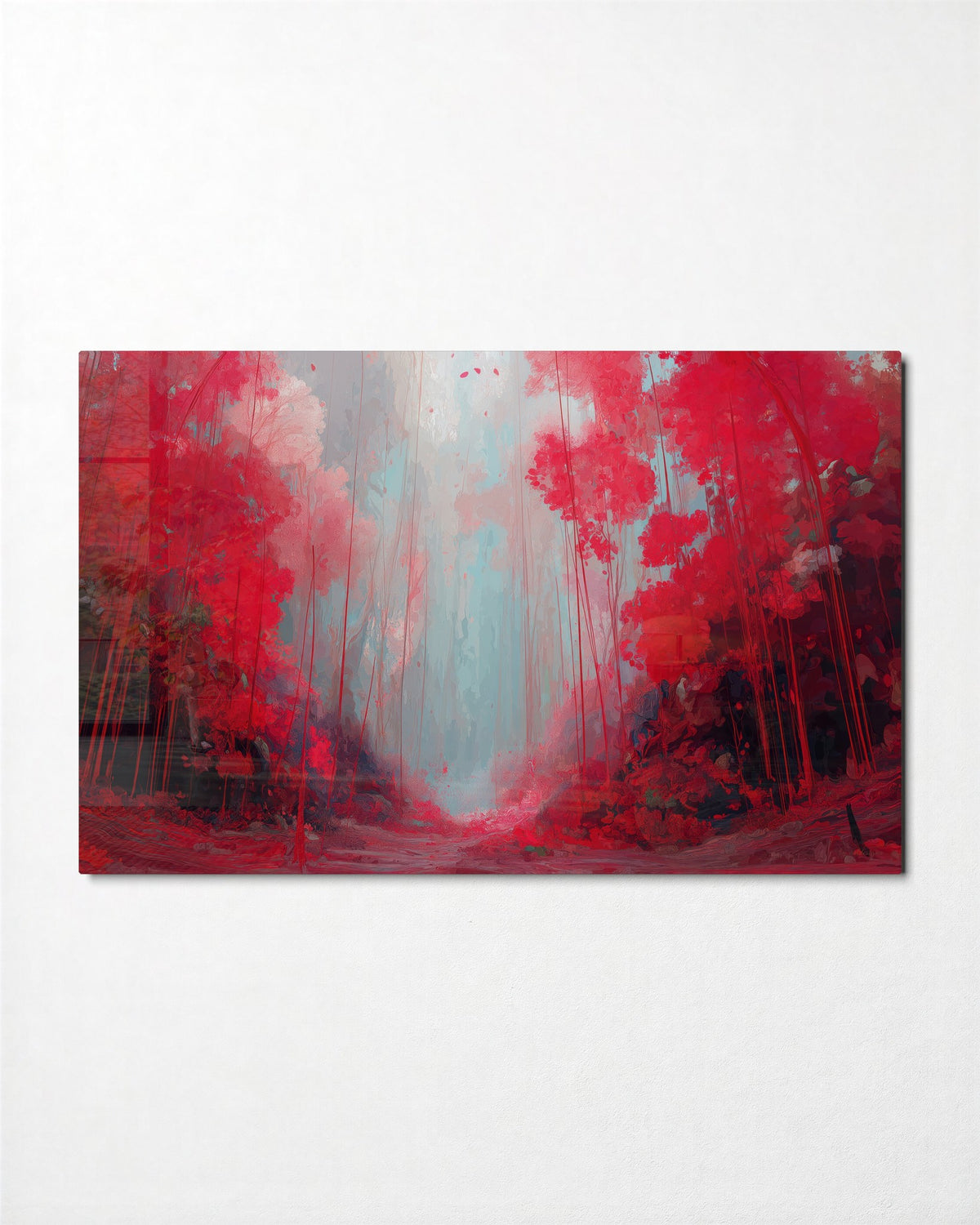 Crimson Forest Path glass wall art, front view