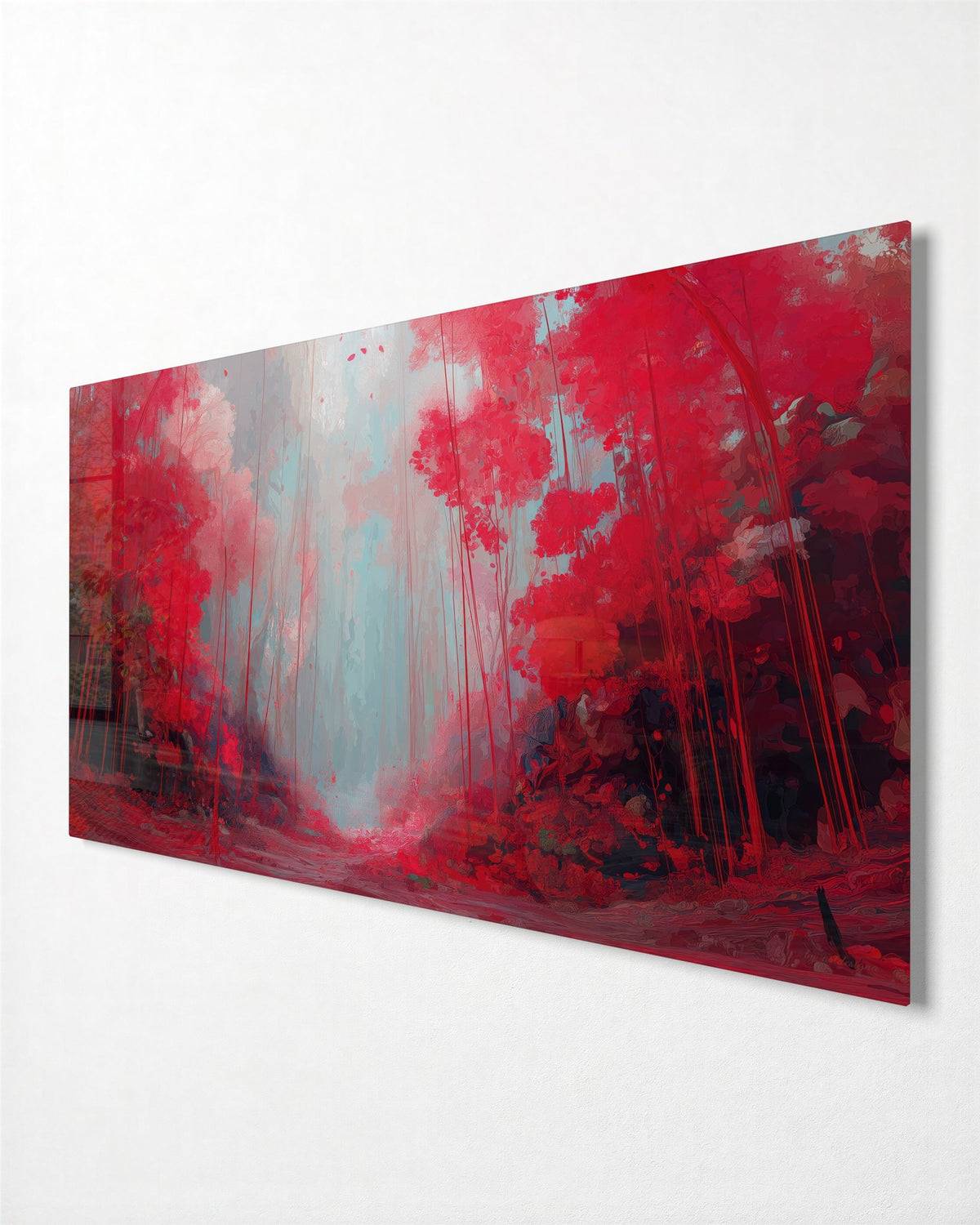 Crimson Forest Path glass wall art, side view