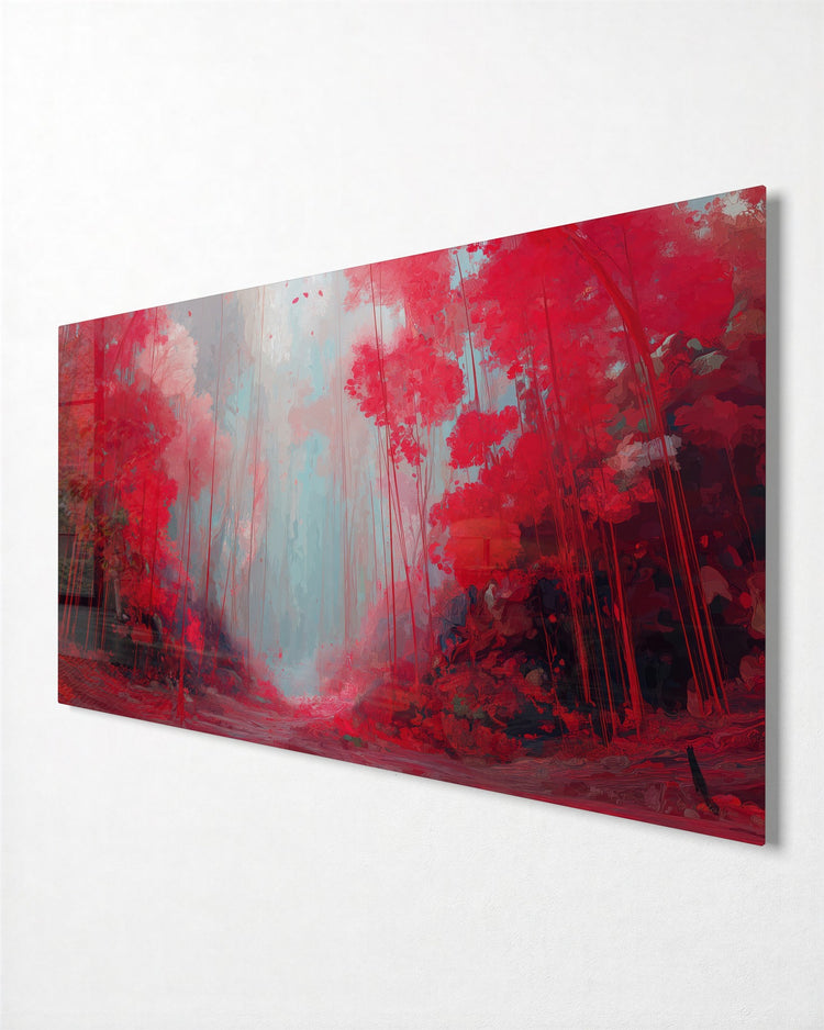 Crimson Forest Path glass wall art, side view