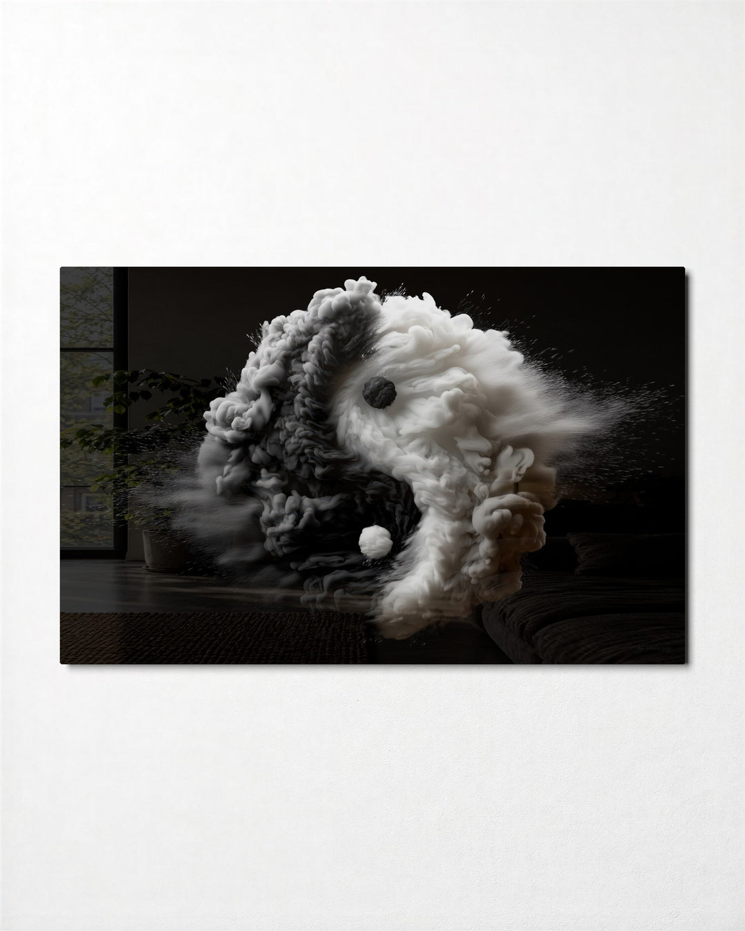 Smoke Yin and Yang glass wall art, front view