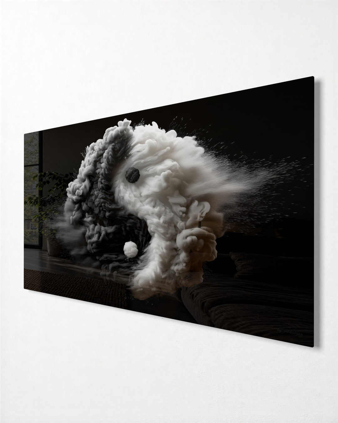 Smoke Yin and Yang glass wall art, side view