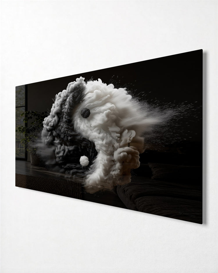 Smoke Yin and Yang glass wall art, side view