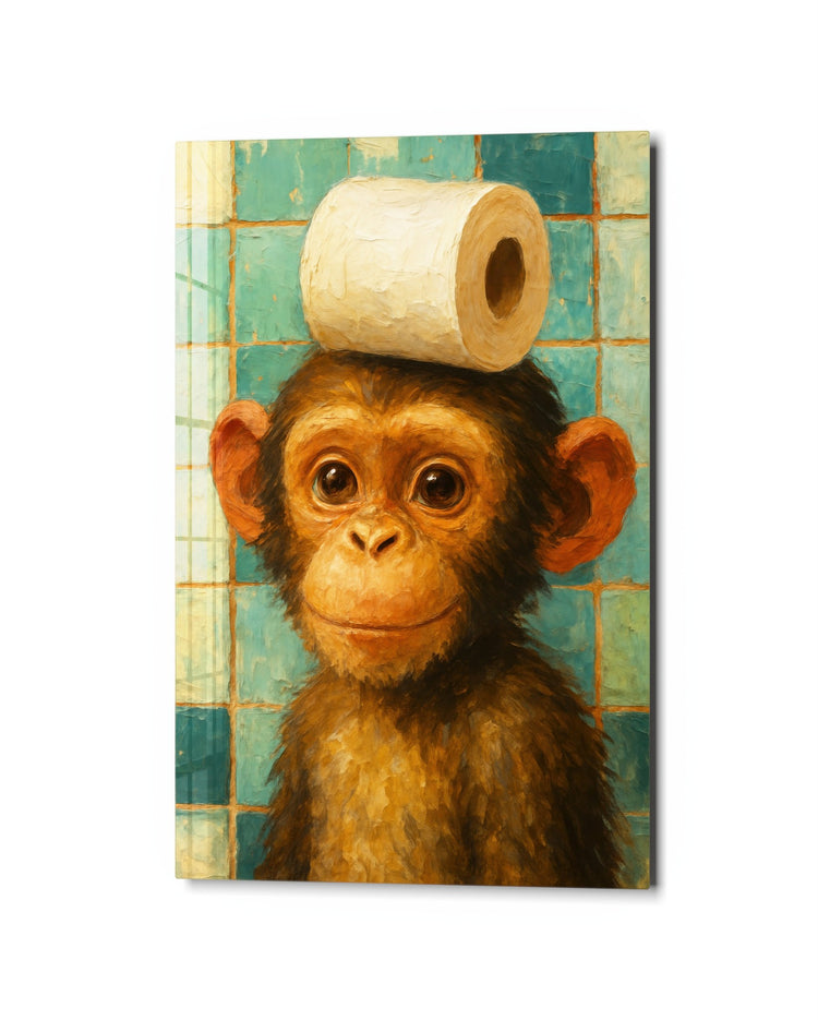 Monkey With a Toilet Roll glass wall art, studio view