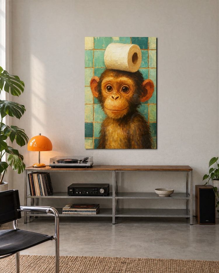 Monkey With a Toilet Roll glass wall art, lifestyle view