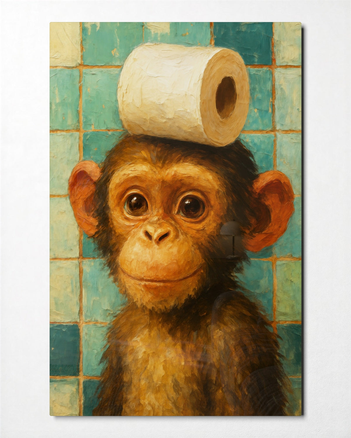 Monkey With a Toilet Roll glass wall art, front view