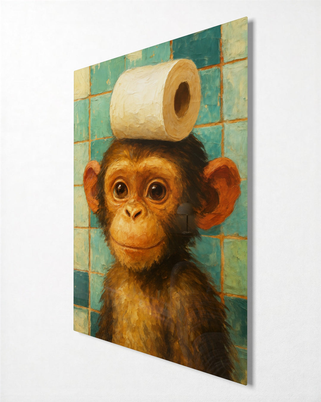 Monkey With a Toilet Roll glass wall art, side view