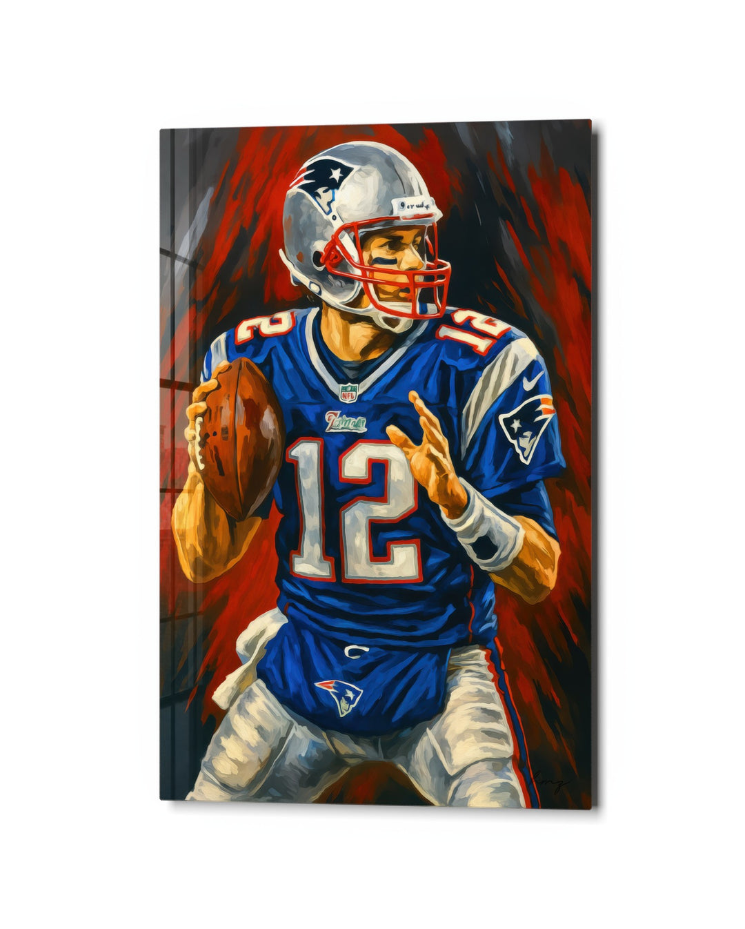 Quarterback in Blue glass wall art, studio view