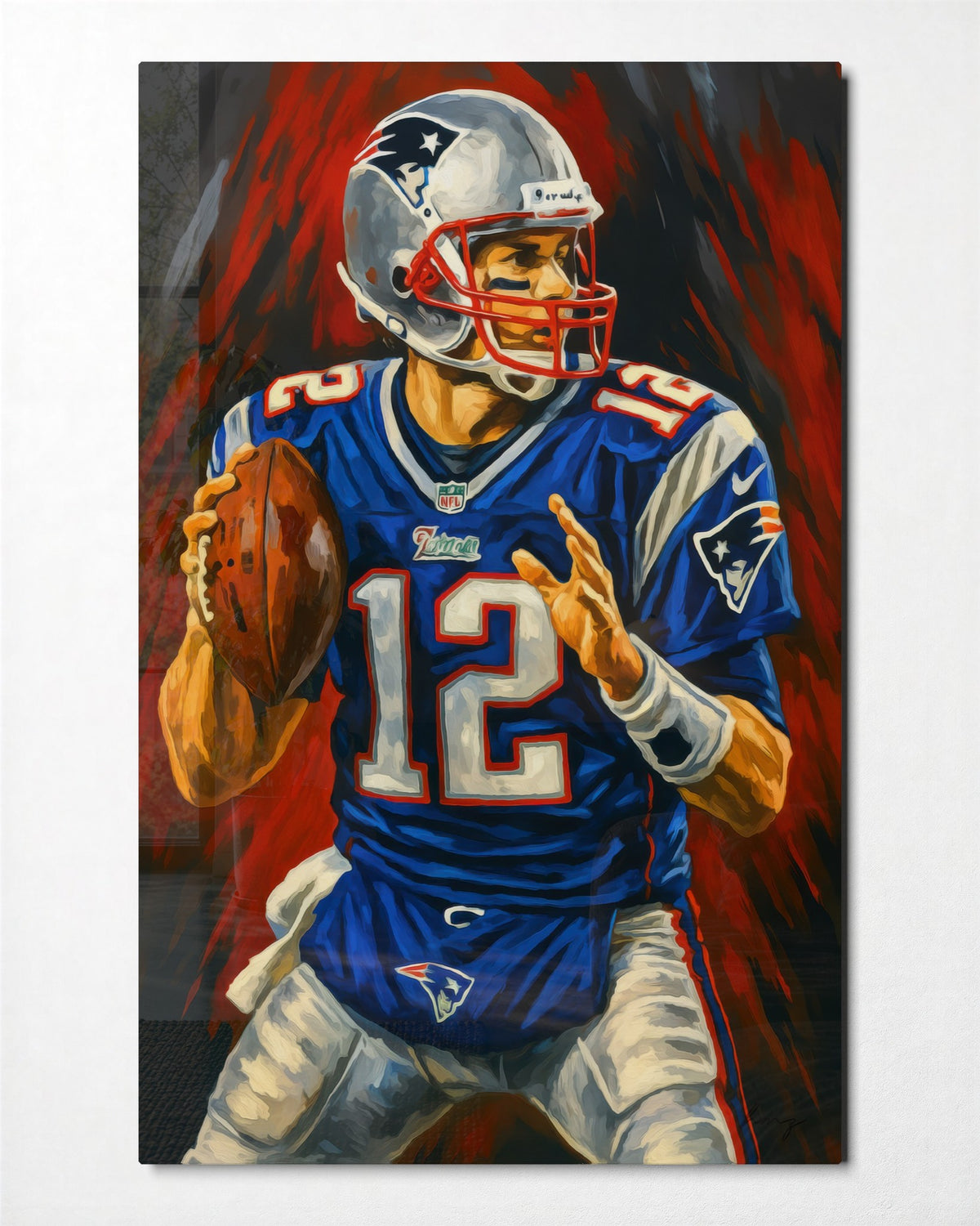 Quarterback in Blue glass wall art, front view