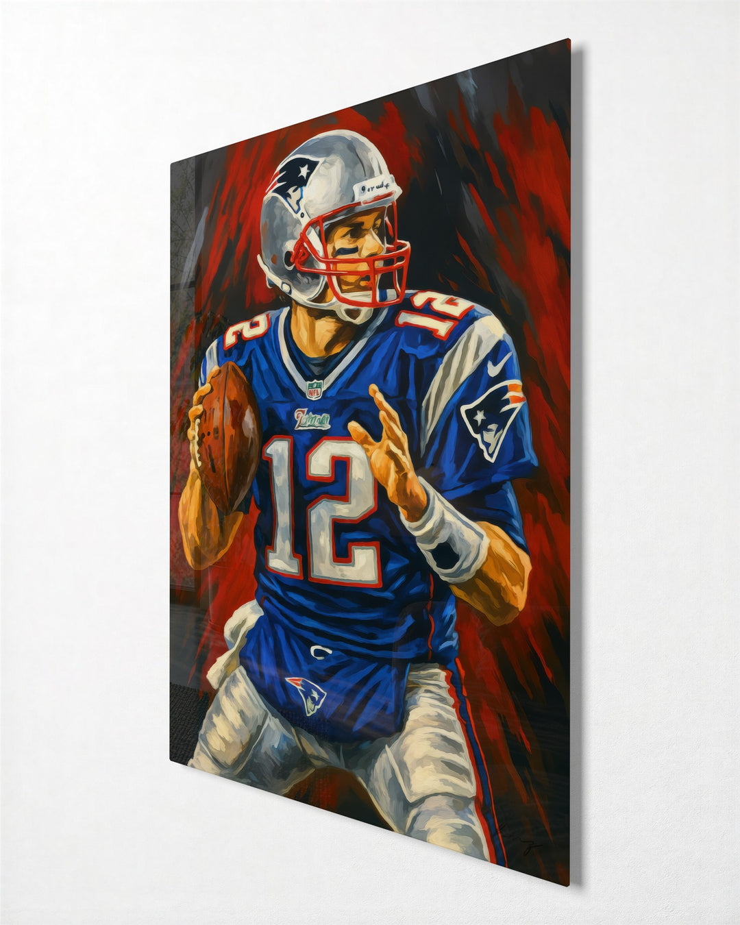 Quarterback in Blue glass wall art, side view
