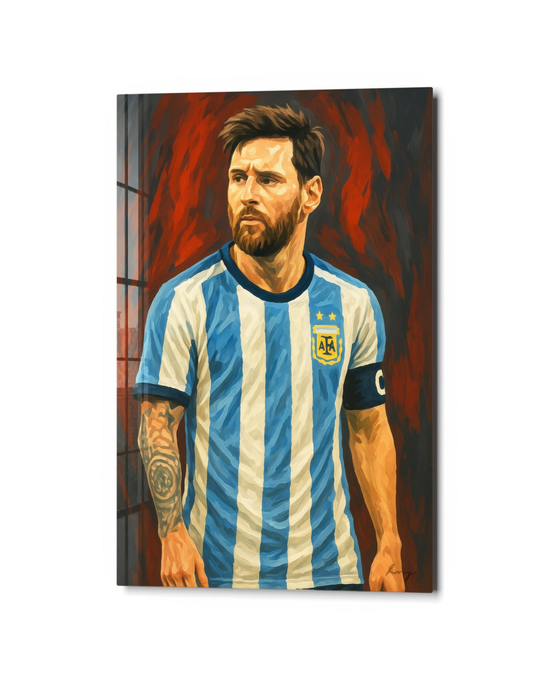Captain in Sky-Blue Stripes glass wall art, studio view