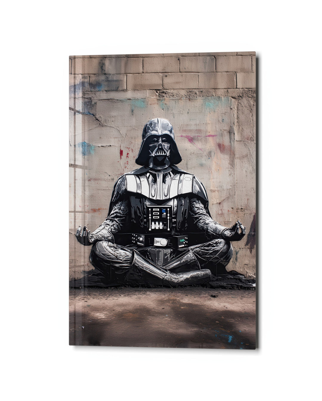 Dark Armor, Calm Mind glass wall art, studio view