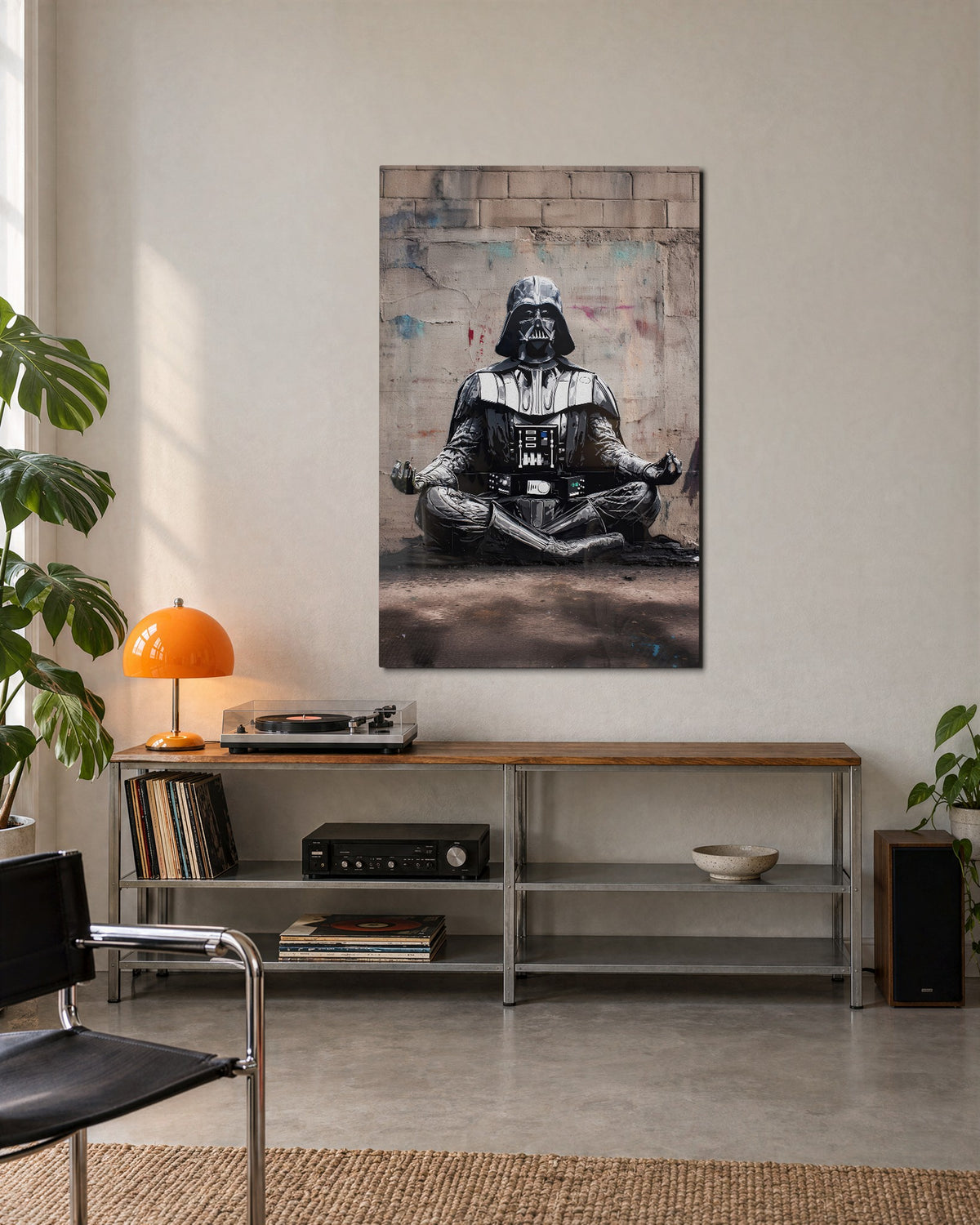 Dark Armor, Calm Mind glass wall art, lifestyle view