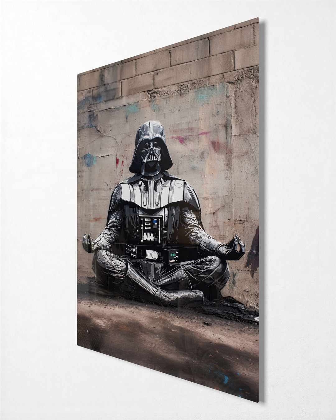 Dark Armor, Calm Mind glass wall art, side view