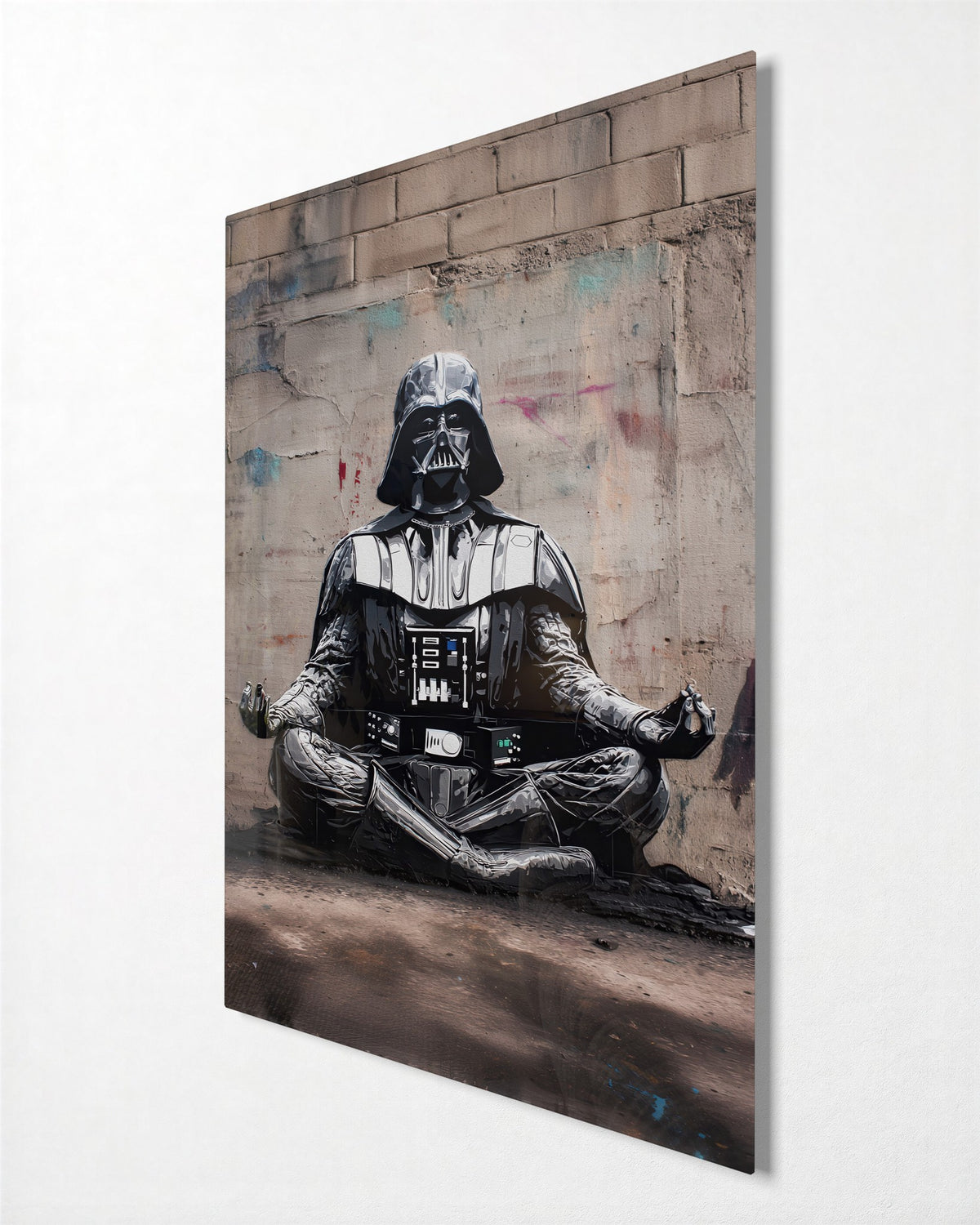 Dark Armor, Calm Mind glass wall art, side view