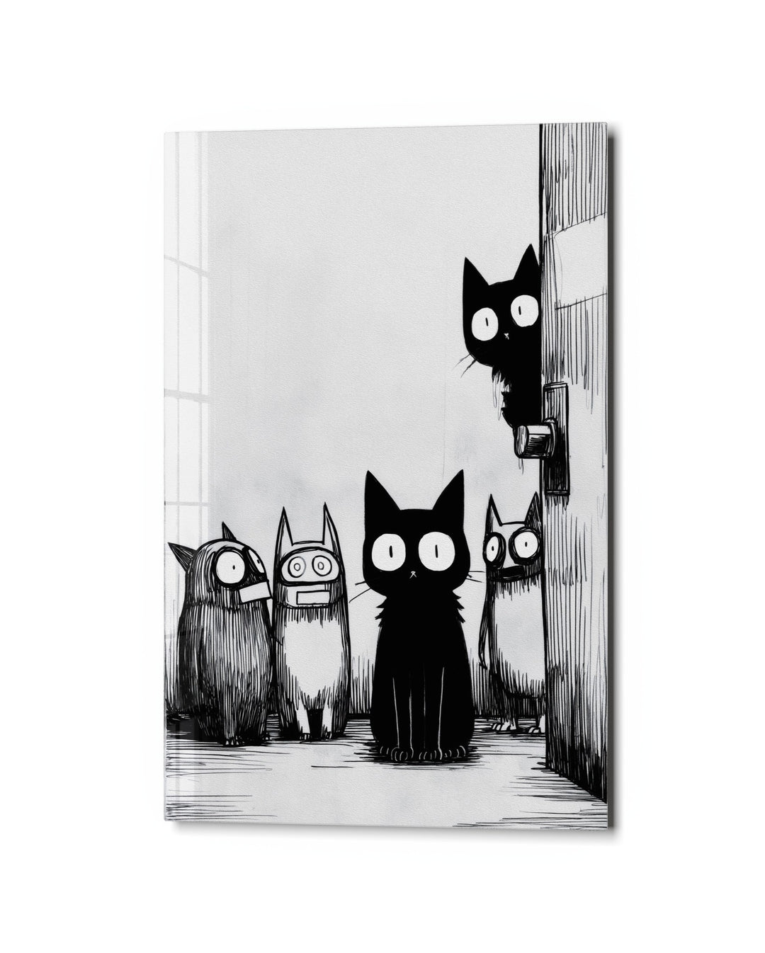 Wide-Eyed Alley Cats glass wall art, studio view