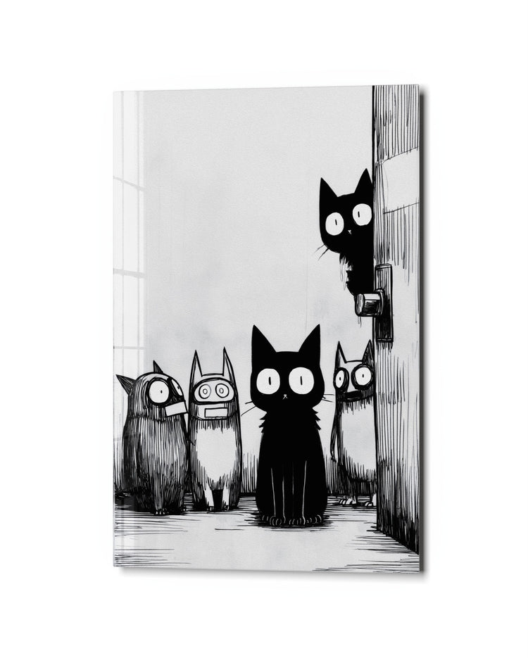 Wide-Eyed Alley Cats glass wall art, studio view