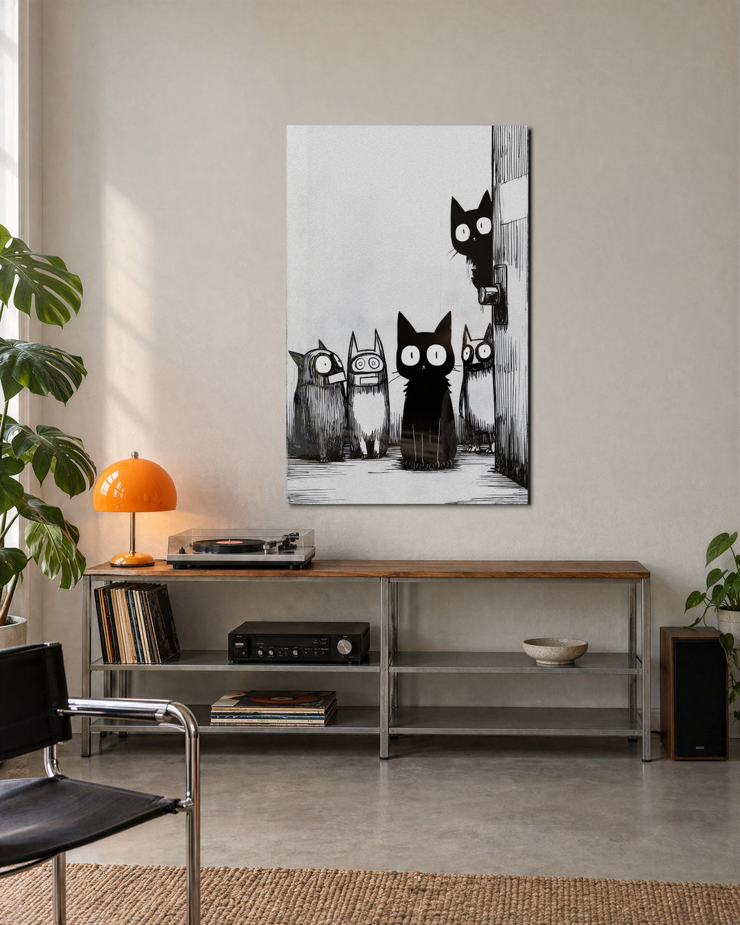 Wide-Eyed Alley Cats glass wall art, lifestyle view