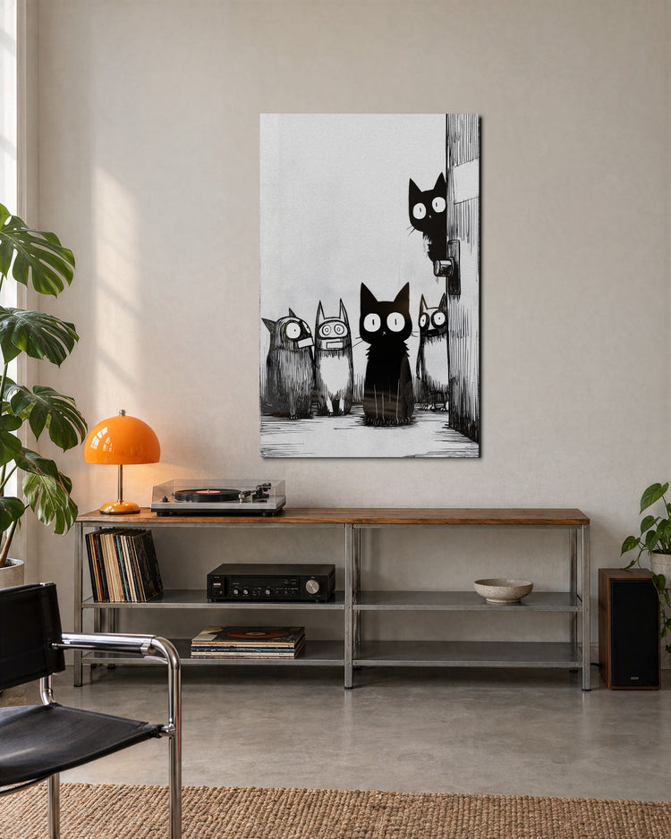 Wide-Eyed Alley Cats glass wall art, lifestyle view