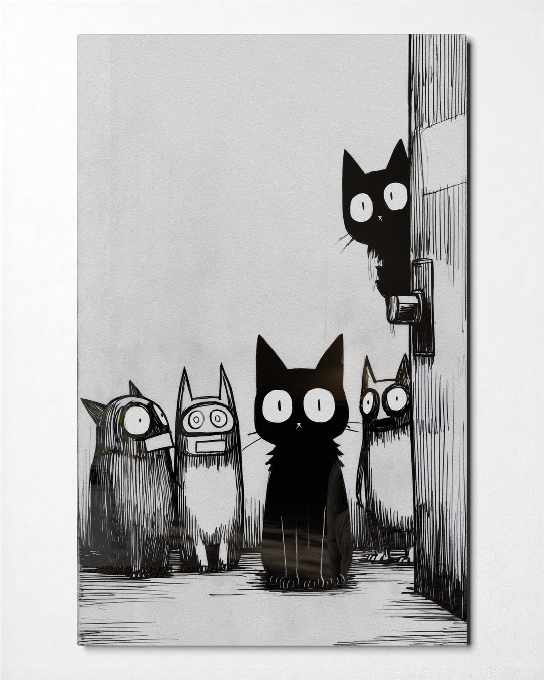 Wide-Eyed Alley Cats glass wall art, front view
