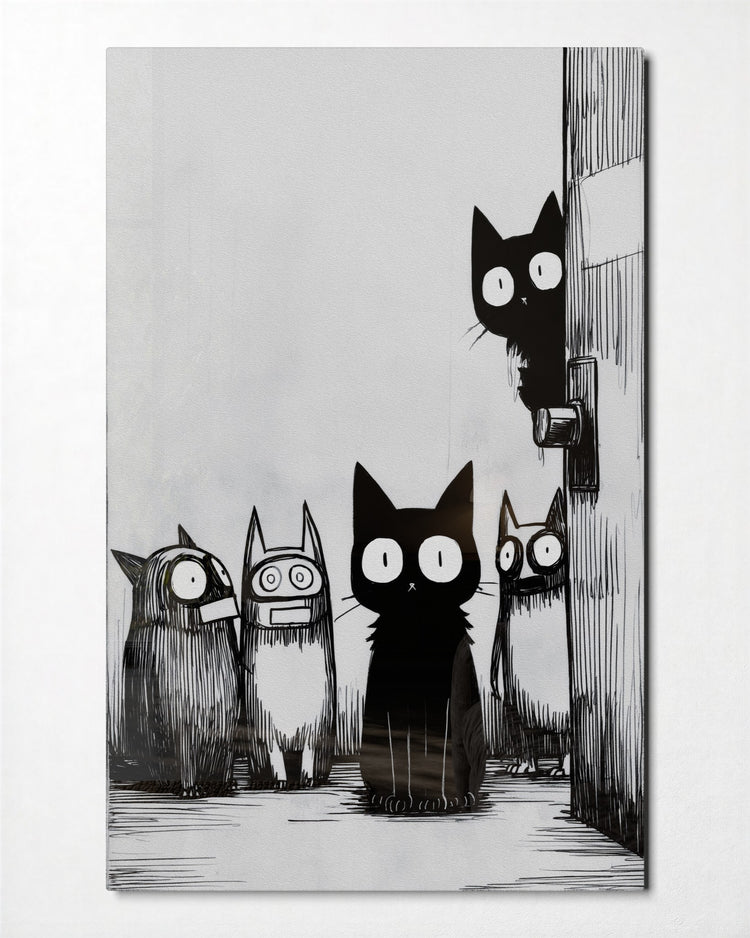 Wide-Eyed Alley Cats glass wall art, front view