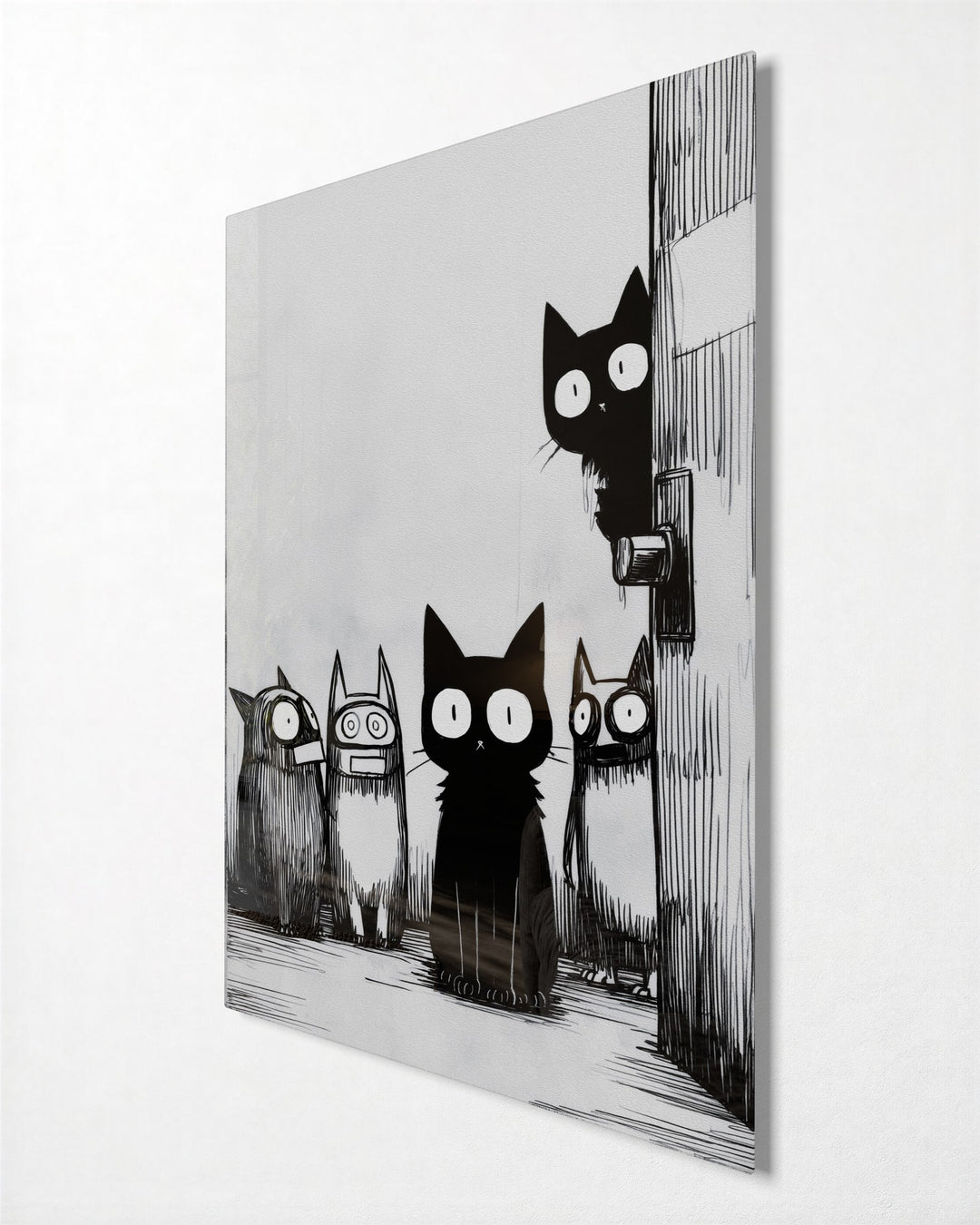Wide-Eyed Alley Cats glass wall art, side view