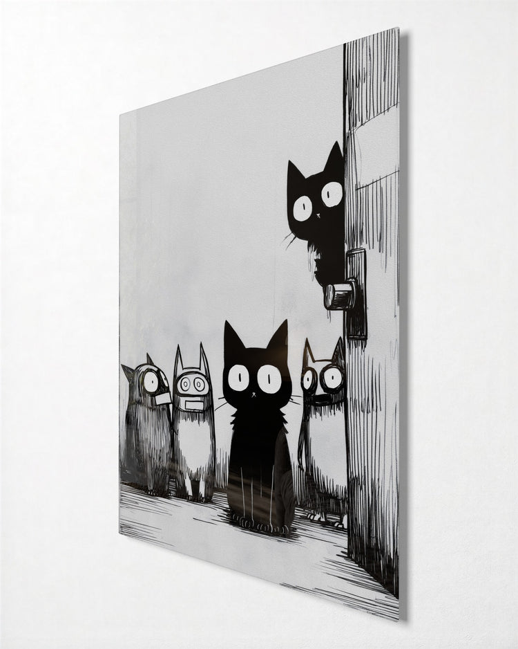 Wide-Eyed Alley Cats glass wall art, side view