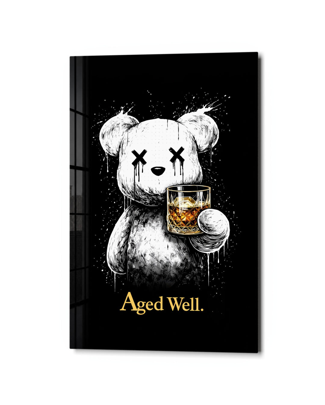 Teddy With a Whiskey glass wall art, studio view