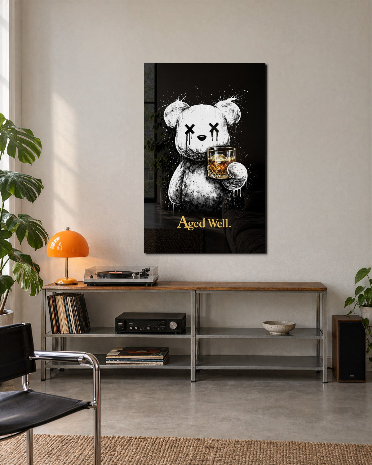 Teddy With a Whiskey glass wall art, lifestyle view