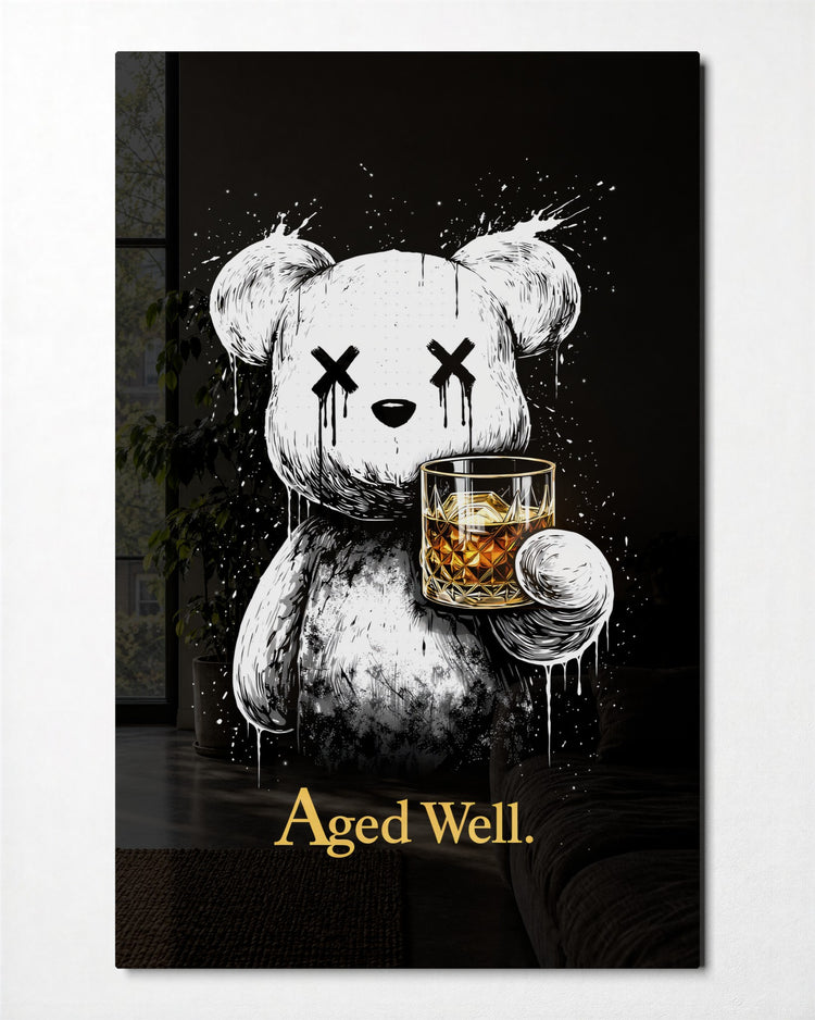 Teddy With a Whiskey glass wall art, front view