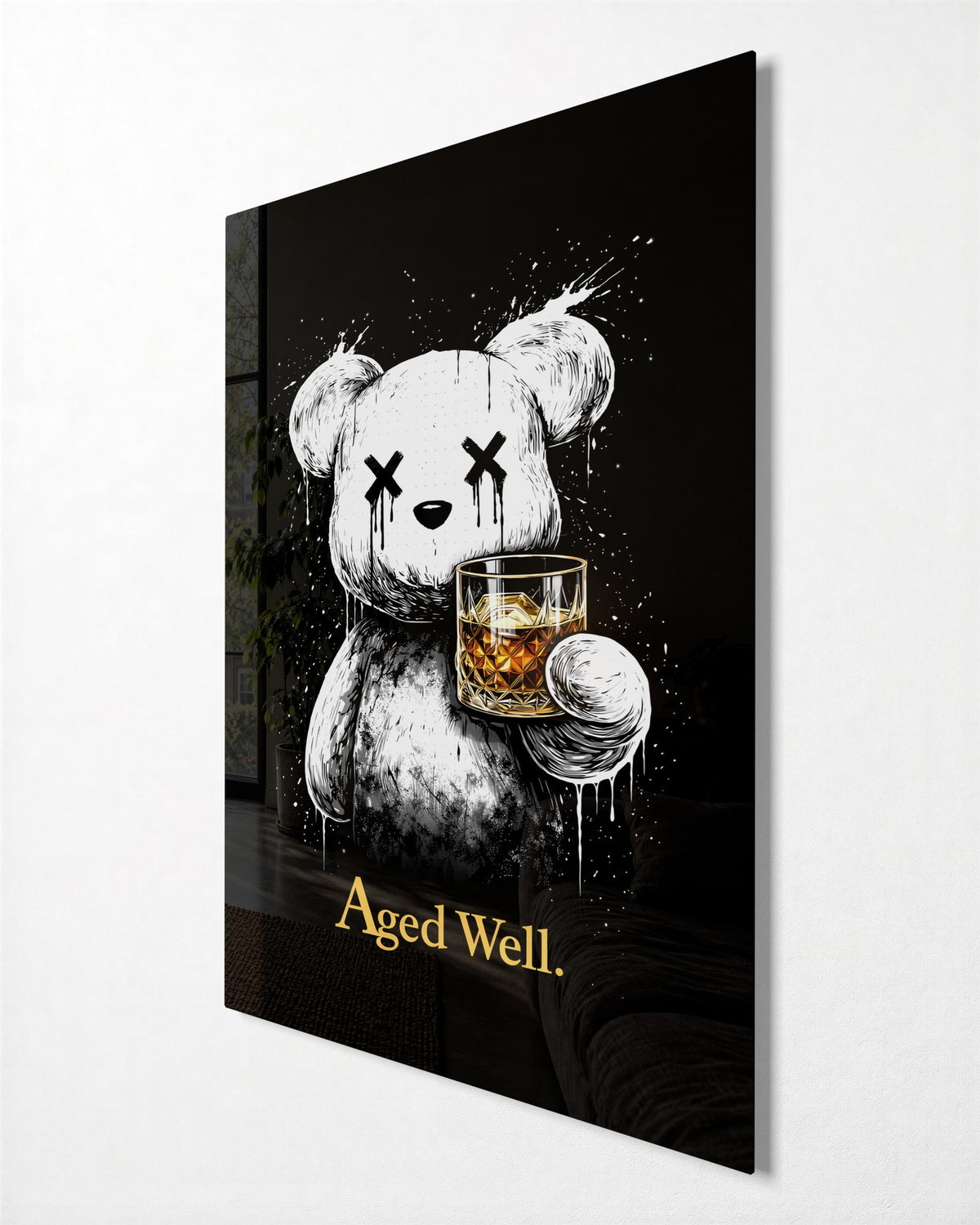 Teddy With a Whiskey glass wall art, side view