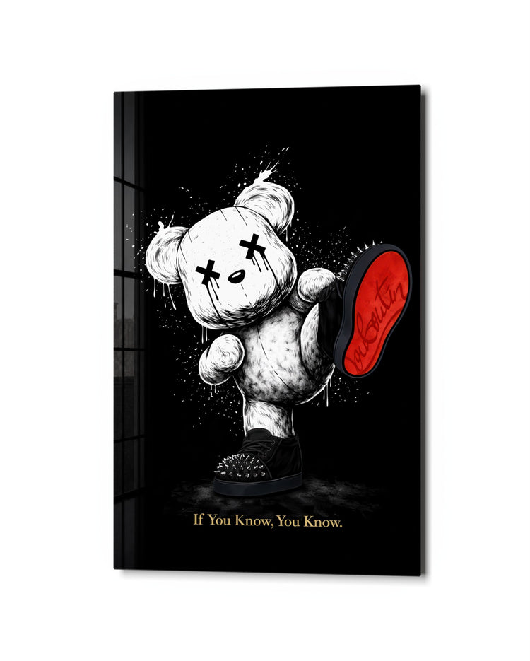 Teddy Holding a Red Sole glass wall art, studio view