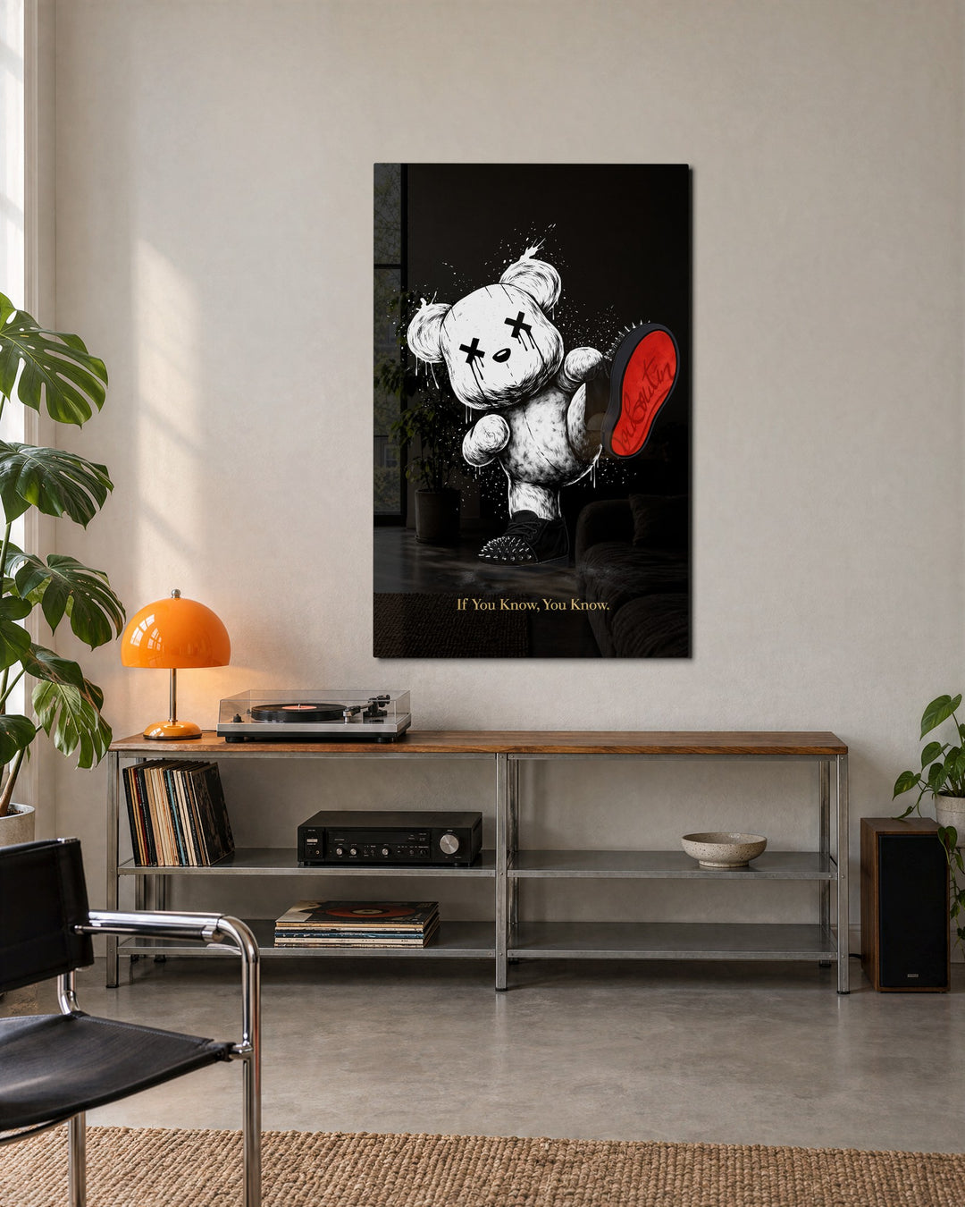 Teddy Holding a Red Sole glass wall art, lifestyle view