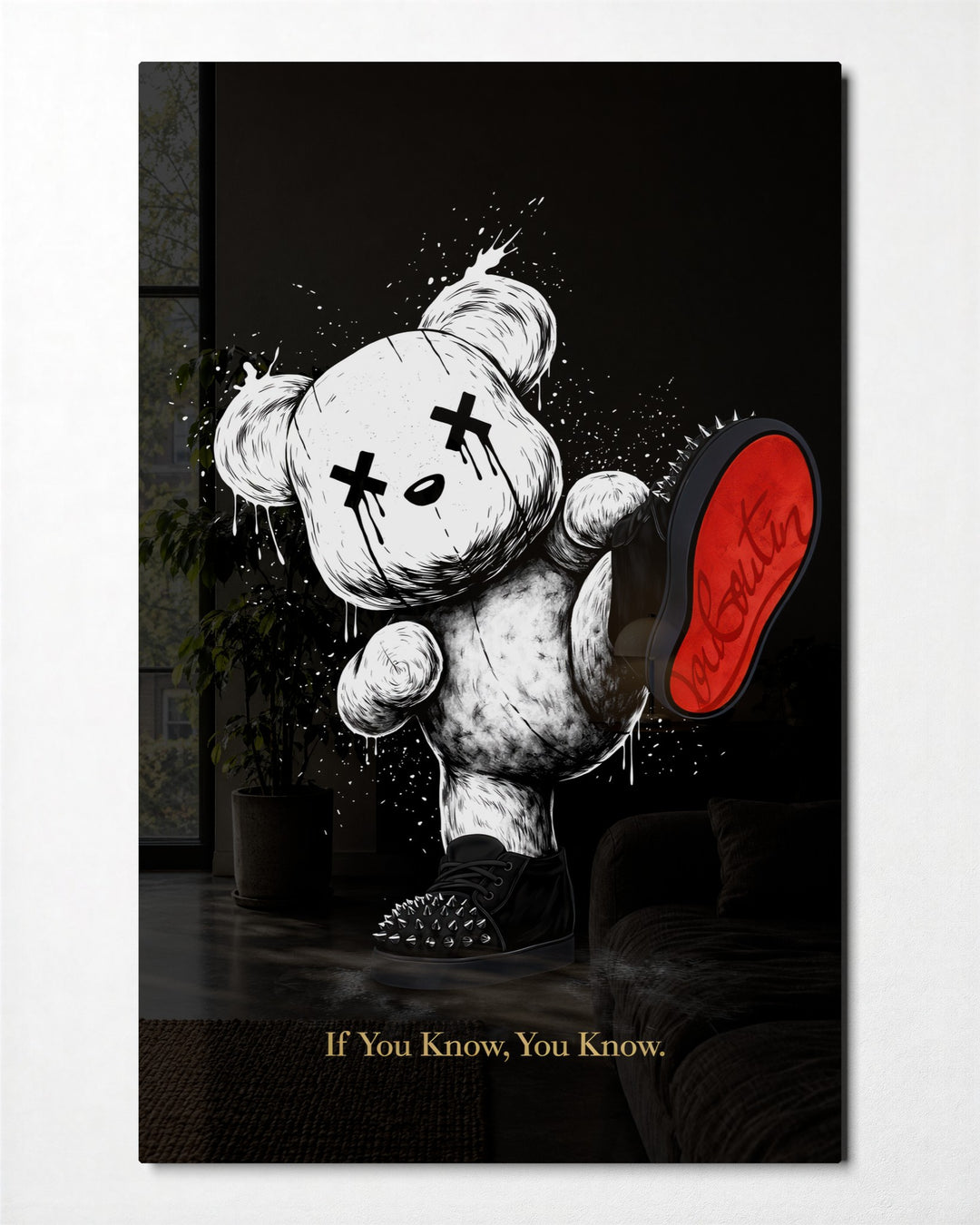 Teddy Holding a Red Sole glass wall art, front view